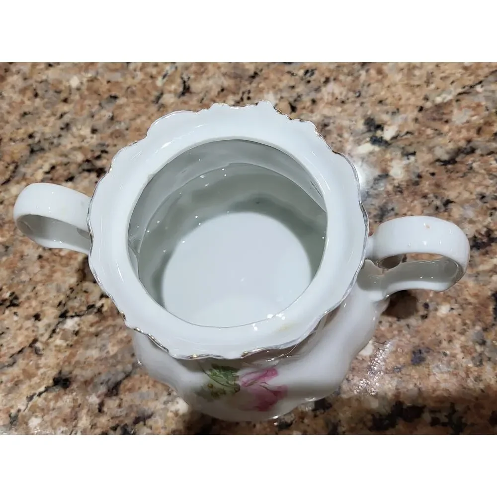 Antique Lehmann Leuchtenburg Germany Sugar Bowl Pink White Roses 2 handle - Picture 13 of 15